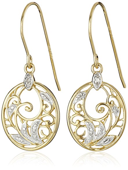 18k Yellow Gold and Rhodium Plated Sterling Silver Diamond-Accent Floral Dangle Earrings