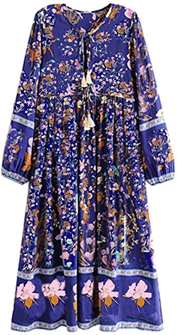 R.Vivimos Women's Long Sleeve Floral Print Retro V Neck Tassel Bohemian Midi Dresses