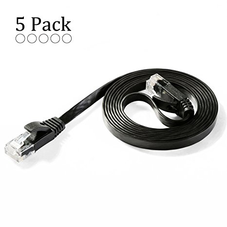 Hexagon Network - Ethernet Cable Cat6 Flat 5ft Black, Network Cable Cat 6 Flat Slim Ethernet Patch Cable, Internet Cable With Snagless RJ45 Connectors - 5 Feet Black (5 Pack)
