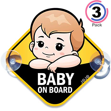JOJO Baby on Board Safety Sign for Cars - Two PVC Sign, Dual Suction Cups, Free Bumper Sticker Included, Nice Gift Parents, Through Smart Vision Group