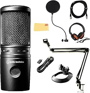 Audio-Technica AT2020USB-X Cardioid Condenser USB Microphone - Bundle with Pop Filter, Headphone, Boom Arm, XLR Cable, and Austin Bazaar Polishing Cloth