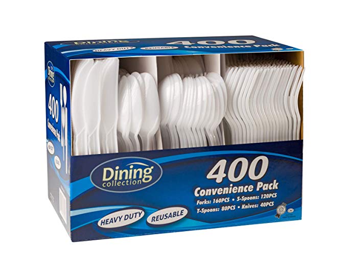 Disposable Plasticware Combo Set, White - 400 Count Cutlery – Fork, Knife, Spoon, and Teaspoon - Dining Collection