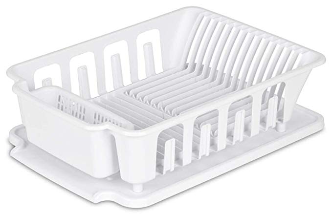 Heavy Duty Sturdy Hard Plastic Sink Set With Dish Rack Large Attached Drainboard Cup Holders for Home Kitchen Counter Top Organizer - White (18 3/4" L x 13 3/4" W x 5 1/2")