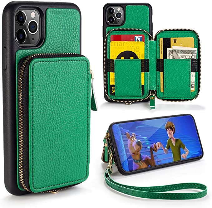 iPhone 11 Pro Max Wallet Case,ZVE iPhone 11 Pro Max Case with Credit Card Holder Slot Zipper Wallet Handbag Purse with Wrist Strap Leather Case for Apple iPhone 11 Pro Max 6.5 inch - Bright Green