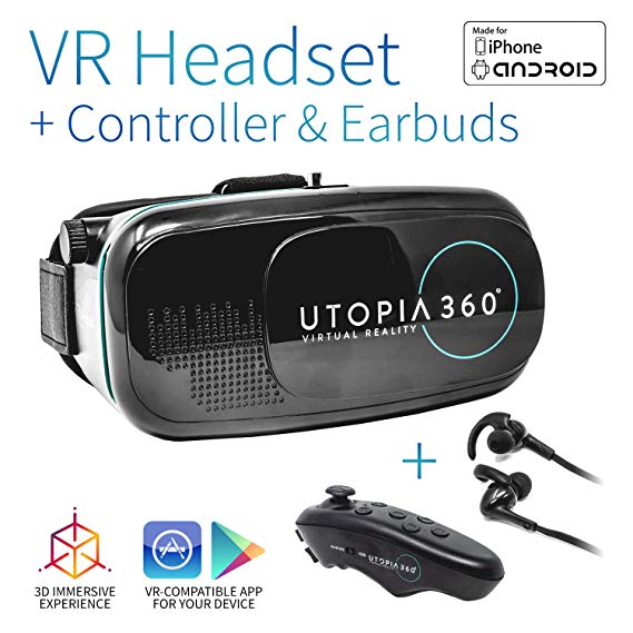 Utopia 360° VR Headset with Controller and Earbuds | 3D Virtual Reality Headset for Games, Movies, Apps - Compatible with iPhone and Android Smartphones (2018 Virtual Reality Headset Model)