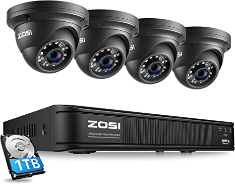 ZOSI H.265  5MP 2K PoE Security Camera System Outdoor Indoor,8 Channel PoE NVR with Hard Drive 1TB for 24/7 Recording and 4 x 5MP(2K) Weatherproof Dome PoE IP Cameras, Motion Detection, Alert Push