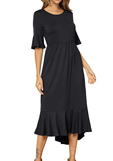 levaca Women's Plain Casual High Low Hem Flowy Midi Dress