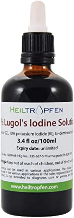 Lugol's Iodine Solution 5% (3.4 Oz. - 100 ml). 15% liquid formulation. 5 percent Iodine Supplement - Liquid Drops, Thyroid Support. Made with 5 Percent Iodine and 10% Potassium Iodide. Heiltropfen®