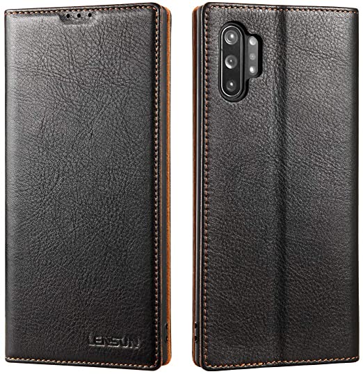 LENSUN Samsung Note 10 Plus Case, Flip Genuine Leather Phone Wallet Case Cover with Magnetic Closure Compatible with Samsung Galaxy Note 10 Plus– Black (N10P-BK-DC)