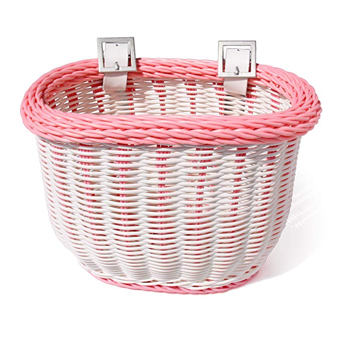 Colorbasket 01273 Front Handle Bar Kids Bike Basket, Water Resistant, Leather Straps, White with Pink Trim
