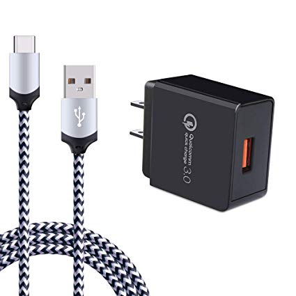 FiveBox 1PC 3A Quick Charge 3.0 Wall Charger with USB Type C Charger Cable Fast Charging Cord Compatible Samsung Galaxy S10 S10e S10  Plus S9 S8, Note 9 8, LG Stylo 4, G7 V40 ThinQ, Google Pixel 3XL