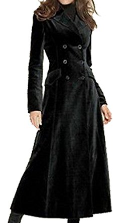 Women's Black Double Breasted Wool Blend Overcoat Slim Fit Long Coat