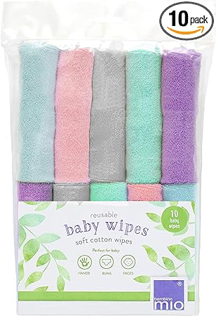 Bambino Mio, Reusable Baby Wipes - Everyday - Eco-Friendly, Chemical-Free, Double-Sided Washable Wipes, Pack of 10, Cloud