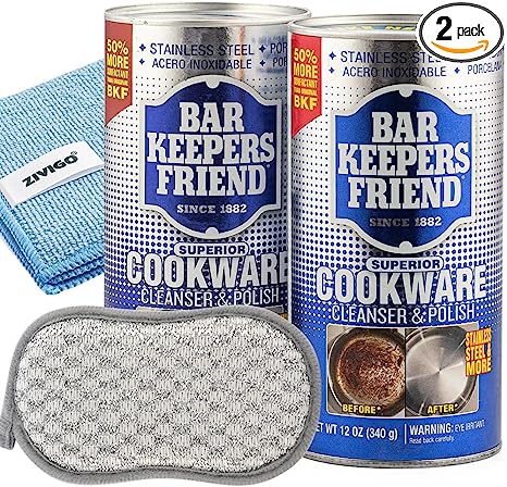 Bar Keepers, Friends Cookware Cleanser & Polish - 12oz (2 Pack) - Bundled With 1 Microfiber Towel and 1 Dual-Sided Scrubbing Sponge