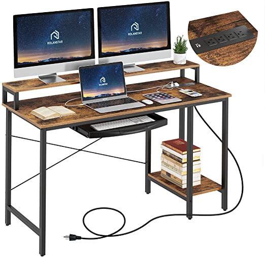 Rolanstar Computer Desk with Power Outlet and Keyboard Tray Monitor Stand 55", Home Office Writing Desk, Rustic Style Workstation Table with Storage Shelves,Stable Metal Frame, Rustic Brown