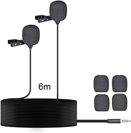 Double Lavalier Microphone Smartphone Omnidirectional Lapel Mic for Mobile Cell Phone iPhone Studio Video Recording Live Streaming Vlogging YouTube Podcast Commentary Anchorperson -3.5mm Jack/6M Cord