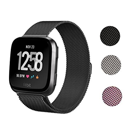 For Fitbit versa Bands, Stainless Steel Milanese Loop Metal Replacement Accessories Bracelet Strap with Unique Magnet Lock for Fitbit versa Women Men,Large and Small.(black)