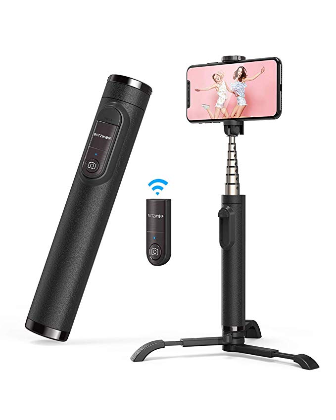 Selfie Stick Bluetooth, Aluminum All in One Selfie Stick Tripod with Wireless Remote for iPhone Xs/Xs Max/XR/X/8/8P/7/7P/6S/6/5, Galaxy S10/9/8/7/6, Huawei, More - BlitzWolf Lightweight Selfie Stick