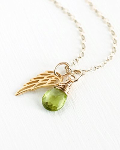 Gold Fill Angel Wing Miscarriage Necklace with August Birthstone Peridot - 18 Inch