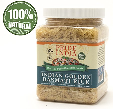 Pride Of India - Extra Long Indian Golden Basmati Rice - Healthy Parboiled Sella Grain, 1.5 Pound Jar