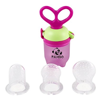 PAMBO Baby Food Feeder-Infant Solid Fruit & Veggie Feeding-Teether & Soother-Teeth Pain Relief- Unique Rotating Handle-3 Size Nipples (Purple)