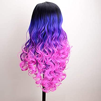 DIGUAN Long Lace Front Body Wave Sexy Curly Three Tone Ombre Color Heat Resistant Synthetic Glueless Wigs for Women 24 inch High Density 150% (Blue and Purple)