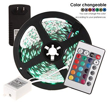 INIEIWO 16.4ft 5M Non-Waterproof Flexible 300leds Color Changing RGB SMD5050 LED Light Strip Kit RGB 5M  24Key Remote 12V Power Supply