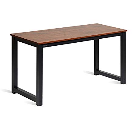 DECOHOLIC Computer Desk 55” Modern Simple Large Study Writing Desk Industrial Style Laptop PC Table for Home Office, with Leg Bars, Sandalwood Board Black Leg