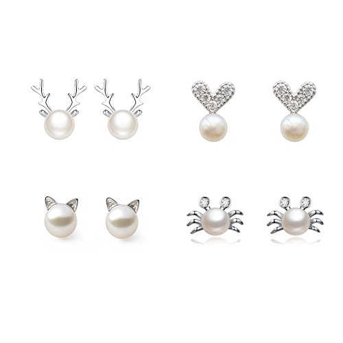 Cute Cat Ear Stud Earrings Freshwater Cultured Pearl Love Sterling Silver Stud Earrings Christmas Little Elk Crab Ear Studs for Women Girls（4 Pairs）