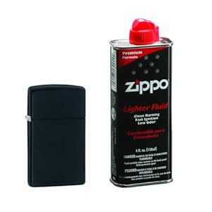 Combo of Zippo Slim Black Matte Windproof Pocket Lighter and 4 oz. Lighter Fluid