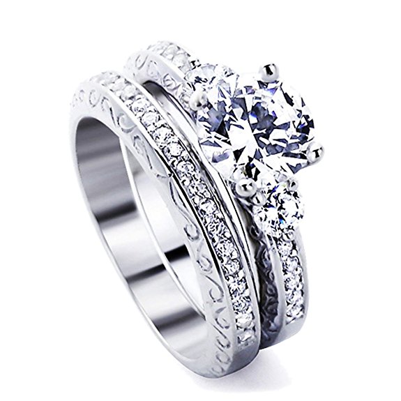 Sterling Silver 1.5ct Round CZ Wedding Ring Set 2pcs Engagement Ring Bridal Set ( Size 5 to 9 )