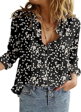 Dokotoo Women's Casual V Neck Alicia Floral Print Roll Up Long Sleeve Chiffon Button Down Blouses Bohemian Top Shirts