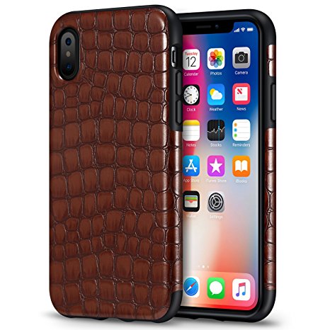 iPhone X Case Mthinkor Crocodile Leather Design Heavy Duty Drop Protection Shockproof Slim Case for iPhone X (Brown)