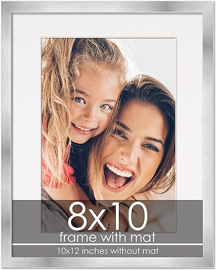 8x10 Frame with Mat - Silver 10x12 Frame Wood Made to Display Print or Poster Measuring 8 x 10 Inches with White Photo Mat