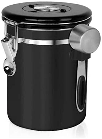 Coffee Canister For Ground Coffee with Scoop - Airtight, Stainless Steel Coffee Bean Container Has Built In Valve, Date Tracker - For Tea, Flour, Cereal, Sugar, Rice, Coffee Bean Storage,1 lb, Black