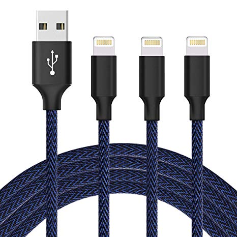 DANTENG Phone Charger 3Pack 10FT Nylon Braided Charging Cables USB Charger Cord, Compatible with Phone Xs MAX XR X 8 8 Plus 7 7 Plus 6 6 Plus Pad and Pod - Black Blue