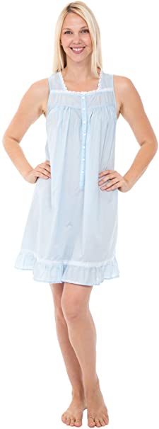 Alexander Del Rossa Womens 100% Cotton Lawn Nightgown, Sleeveless Button Up Ruffled Sleep Dress
