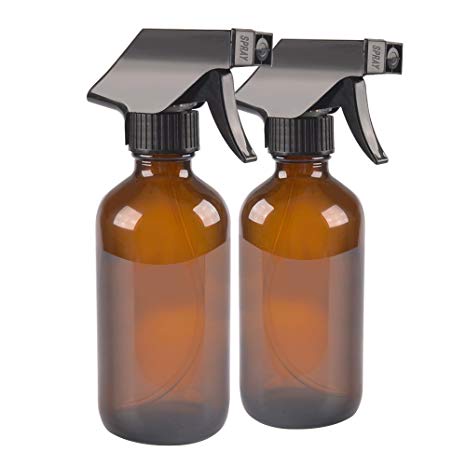 2 Pack 8 oz Amber Glass Spray Bottle Bottles with Black Trigger Sprayer. Refillable Bottle for Essential Oils,Cleaning Products,Aromatherapy,Organic Beauty Products.Stream and Spray Settings Available