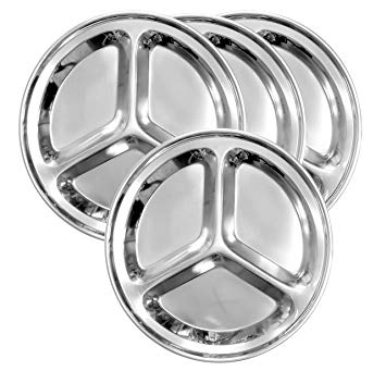 Round Stainless Steel Divided Plates (4-Pack); 9.5-Inch 3-Section Divided Plates for Kids, Camping, Mess Trays & More