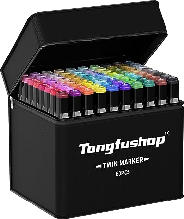 Tongfushop 80 2 Colored Markers Pens, Colouring Pens, Double Tip Marker Set, Permanent Art Marker for Kids & Adults, Marker for Drawing, Sketching, Anime and Manga with Carrying Case and Storage Base