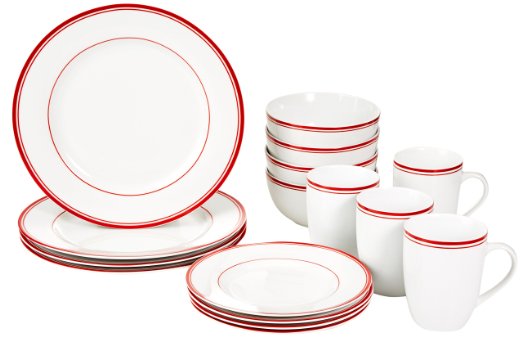 AmazonBasics 16-Piece Cafe Stripe Dinnerware Set, Service for 4 - Red