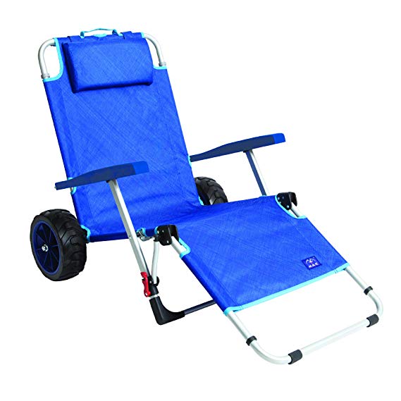 Mac Sports 2-in-1 Outdoor Beach Cart   Folding Lounge Chair w/Lock |Tanning, Sunbathing, Lounging, Pool, Backyard, Porch | Portable, Collapsible with All-Terrain Wheels | Blue w/Lock