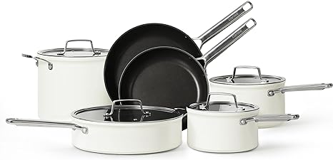 10PCS Nonstick Cookware Set, Pots and Pans Set Non Stick, Heavy Gauge Kitchen Cookware Sets, Induction Ready, Dishwasher Safe, Oven Safe Up to 500°F, with Tempered Glass Lids & Stay-Cool Handle, White