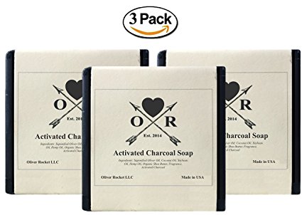 Oliver Rocket Activated Charcoal Soap (3 bar set) - 5 ounces each - Natural Handcrafted Face & Body Soap for Acne, Psoriasis, Eczema, Rosacea, Dry Sensitive Skin - Made in USA with Coconut & Olive Oil
