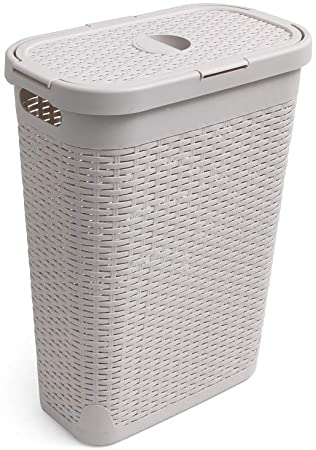 Addis Faux Rattan 40 Litre Family Slim Laundry Clothes Washing Hamper Bin with Lid, Beige, Calico/Cream