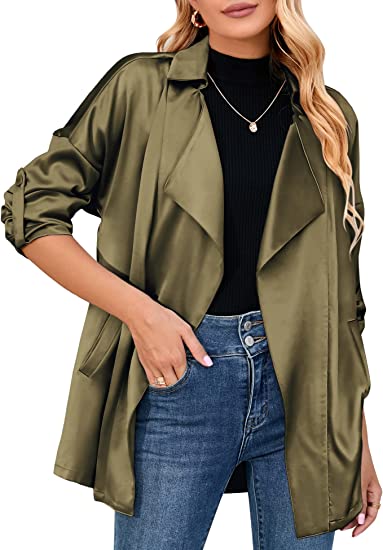 Zeagoo Womens Oversized Blazer Jackets Satin Roll Sleeve Open Front Casual Work Cardigan Jacket With Pockets