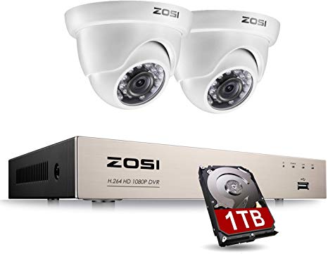 ZOSI 4 Channel 1080P CCTV Home Security System With 2x Indoor/Outdoor Color Dome Metal Cameras Include 1TB Hard Drive 65ft(20m) IR night vision