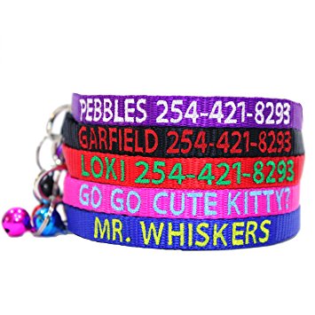Personalized Embroidered Nylon Cat Collar Break Away With Bell - Custom Text With Pet Name and Phone Number - Multiple Thread Colors and Sizes