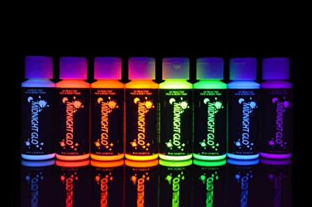 Midnight Glo UV Neon Face & Body Paint Glow - Blacklight Reactive Fluorescent Paint - Safe, Washable, Non-Toxic, Great For Raves, Parties, Festivals, Halloween (2 oz Bottles(8))