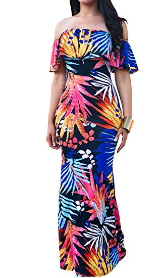 PRETTYGARDEN Women's Off Shoulder Ruffle Floral Printed Sexy Bodycon Beach Boho Maxi Dress